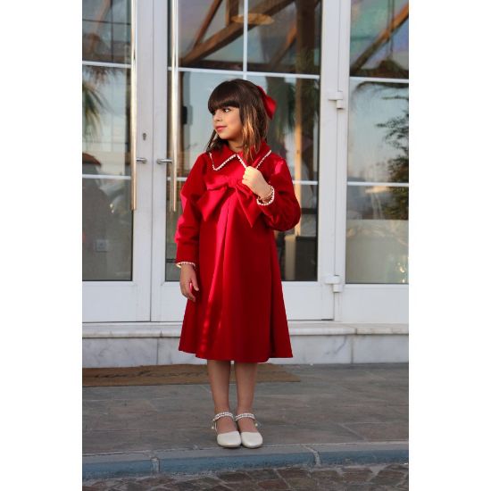 صورة فستان بناتي أحمر بفيونكة كبيرة وياقة لؤلؤ | تصميم كلاسيكي للعيد - 1120